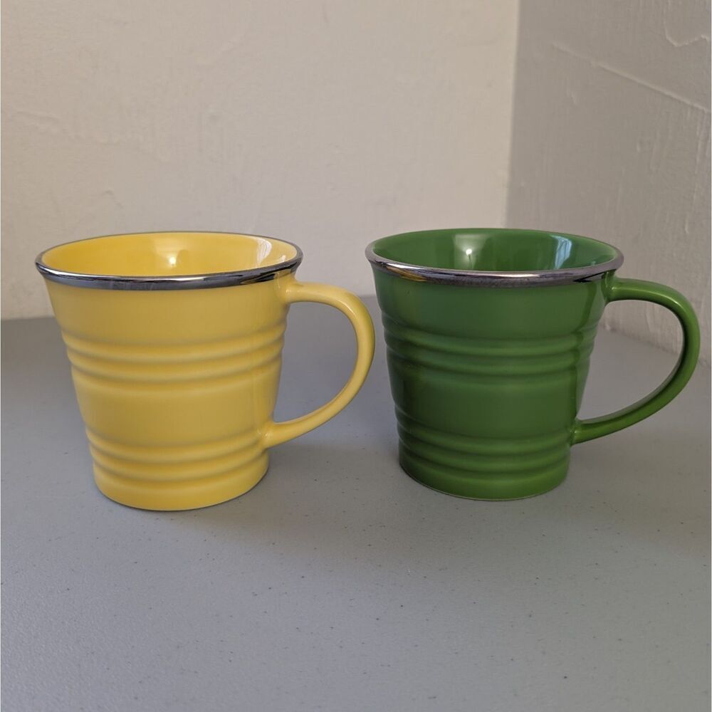 '07 STARBUCKS 14oz YELLOW & GREEN RIBBED Sand Pail Bucket Coffee Mugs Silver Rim